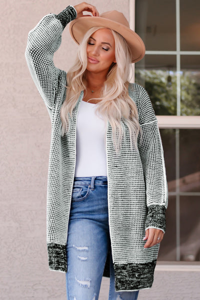 Gray Plaid Knitted Long Open Front Cardigan-Tops-MomFashion