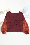 Burgundy Sequin Patchwork Sleeve Open Back Waffle Knit Top-Tops-MomFashion