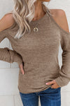 Khaki Marble Knit Cold Shoulder Long Sleeve Top-Tops-MomFashion