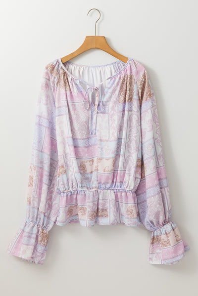 Purple Mixed Print Split Neck Ruffle Bubble Sleeve Blouse-Tops-MomFashion