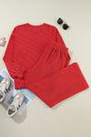 Fiery Red JOLLY Corded Long Sleeve Top and Pockets Pants Set-Two Piece Sets/Pant Sets-MomFashion