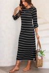 Black Striped Casual Slit Long Dress-Dresses-MomFashion