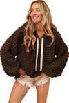 Dark Brown Bubble Textured Waffle Hoodie-Tops-MomFashion