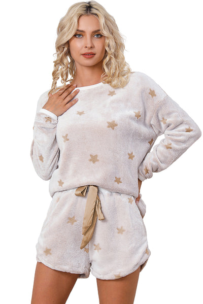 White Plush Star Pattern Long Sleeve Pullover and Shorts Lounge Set-Loungewear-MomFashion