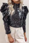 Black Sequin Mock Neck Bubble Sleeve Top-Tops-MomFashion