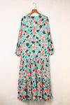 Multicolor Bohemia Print V Neck Ruffle Long Sleeve Maxi Dress-Dresses-MomFashion