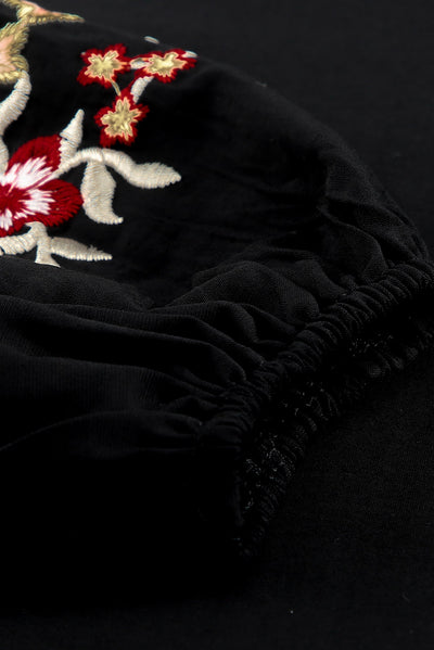 Black Floral Embroidery Long Sleeve Top-Tops-MomFashion