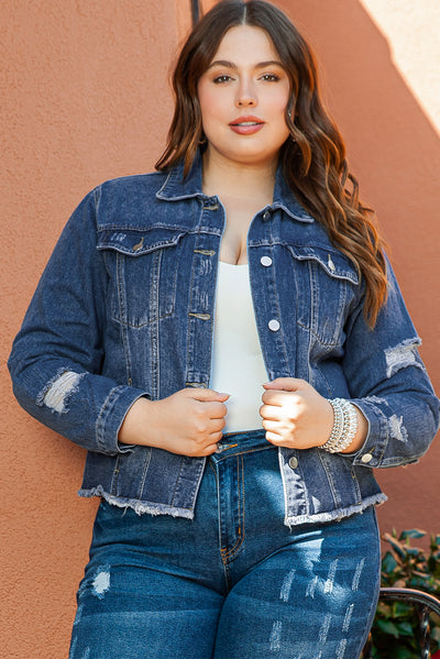 Dark Blue Plus Size Distressed Flap Pocket Denim Jacket-Plus Size-MomFashion