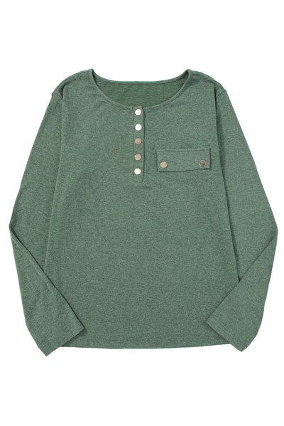 Mist Green Long Sleeve Snap Button Henley Top-Tops-MomFashion