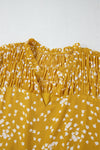Yellow Plus Size Floral Print Ruched Split Neck Blouse-Plus Size-MomFashion