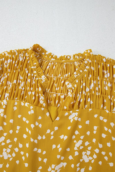 Yellow Plus Size Floral Print Ruched Split Neck Blouse-Plus Size-MomFashion