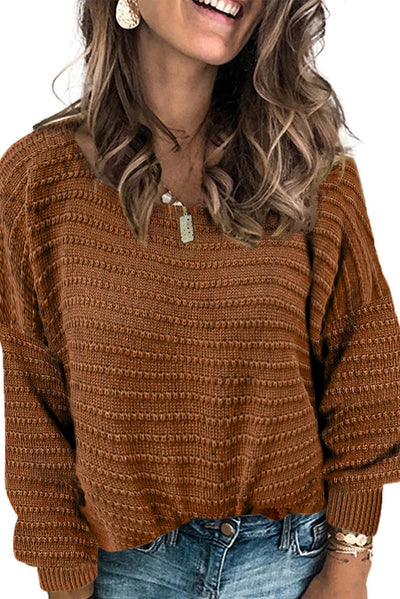 Brown Textured Knit Round Neck Dolman Sleeve Sweater-Tops-MomFashion