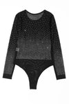 Black Rhinestone Embellished Mesh Long Sleeve Bodysuit-Tops-MomFashion