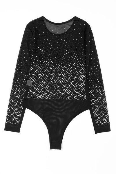 Black Rhinestone Embellished Mesh Long Sleeve Bodysuit-Tops-MomFashion