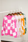 Pink Checkered Bishop Sleeve Sweater-Tops-MomFashion