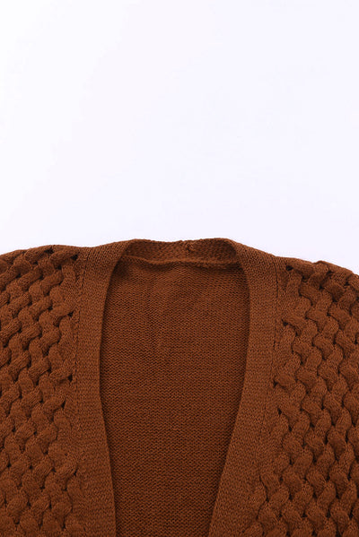 Brown Open Front Woven Texture Knitted Cardigan with Pockets-Tops-MomFashion