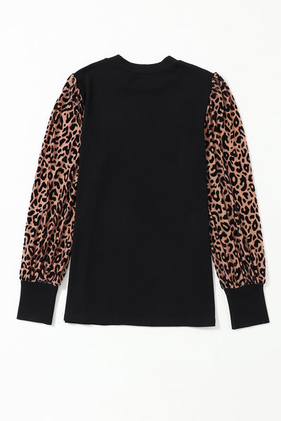 Black Leopard Print Long Sleeve Ribbed Knit Blouse-Tops-MomFashion