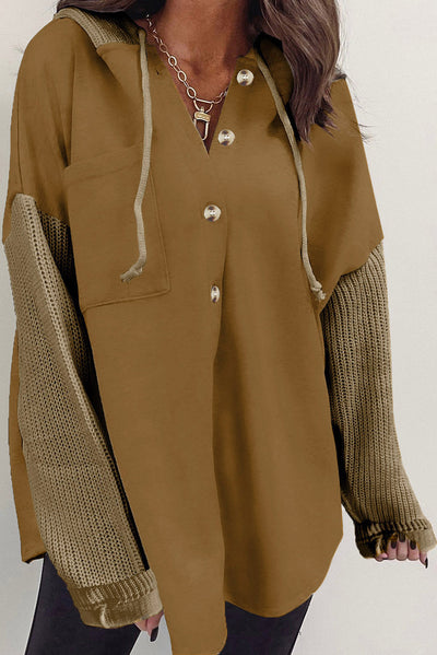 Brown Button Up Contrast Knitted Sleeves Hooded Jacket-Outerwear-MomFashion