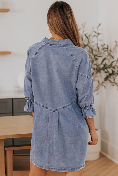 Sky Blue Buttoned Long Sleeve Denim Mini Dress-Dresses-MomFashion