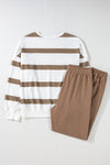 Light French Beige Striped Drop Shoulder Pullover and Jogger Pants Set-Two Piece Sets/Pant Sets-MomFashion