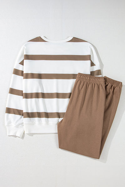 Light French Beige Striped Drop Shoulder Pullover and Jogger Pants Set-Two Piece Sets/Pant Sets-MomFashion