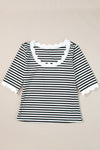 Black Striped Contrast Scallop Trim Half Sleeve T-shirt-Tops-MomFashion