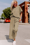 Pale Khaki Textured Loose Fit T Shirt and Drawstring Pants Set-Loungewear-MomFashion