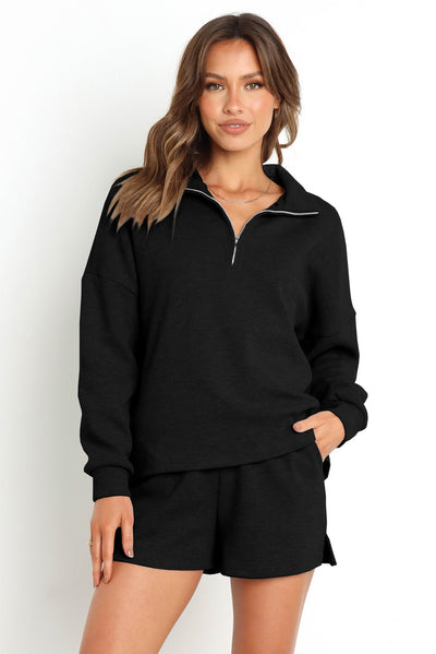 Black Ribbed Zipper Sweatshirt and High Waist Shorts Set-Loungewear-MomFashion