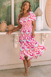 Pink Brush Stroke Printed Smocked Ruffle Tiered Dress-Dresses-MomFashion