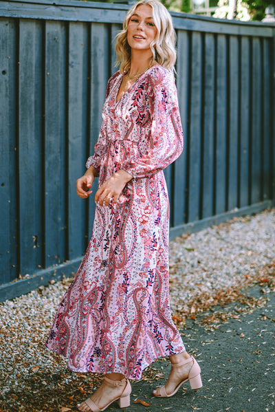 Multicolour Boho Paisley Print V Neck Empire Waist Maxi Dress-Dresses-MomFashion