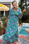 Green Boho Deep V Neck Floral Maxi Dress-Dresses-MomFashion