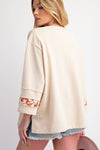 Beige Flower Patch Graphic Exposed Seam Wide Sleeve Top-Graphic/Graphic Long Sleeve Tees-MomFashion