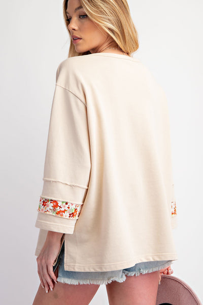 Beige Flower Patch Graphic Exposed Seam Wide Sleeve Top-Graphic/Graphic Long Sleeve Tees-MomFashion