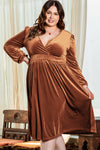 Camel Surplice V Neck Balloon Sleeve Velvet Dress-Plus Size-MomFashion