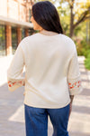 Beige Flower Patch Graphic Exposed Seam Wide Sleeve Top-Graphic/Graphic Long Sleeve Tees-MomFashion