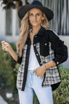 Black Plaid Patchwork Raw Hem Denim Jacket-Outerwear-MomFashion