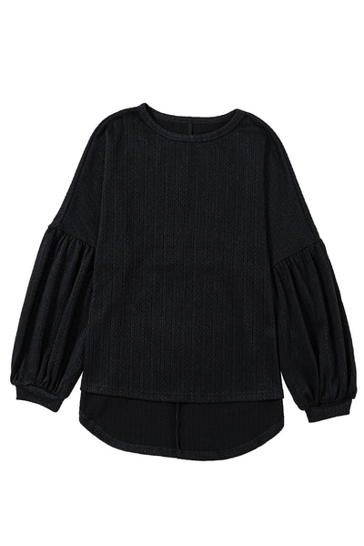 Black Faux Knit Jacquard Puffy Long Sleeve Top-Tops-MomFashion