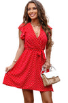 Fiery Red Polka Dot V Neck Ruffle Sleeve Dress-Dresses-MomFashion