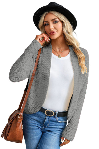 Gray Popcorn Knit Open Front Cardigan-Tops-MomFashion