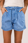 Beau Blue Casual Chambray Drawstring Shorts-Bottoms-MomFashion