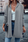 Gray Horizontal Rib Knitted Open Front Hooded Cardigan-Tops-MomFashion