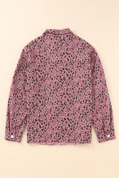 Pink Stars & Animal Spots Print Button Up Denim Shacket-Outerwear-MomFashion