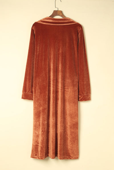 Brown Retro Velvet Long Sleeve Pocket Coat-Outerwear-MomFashion