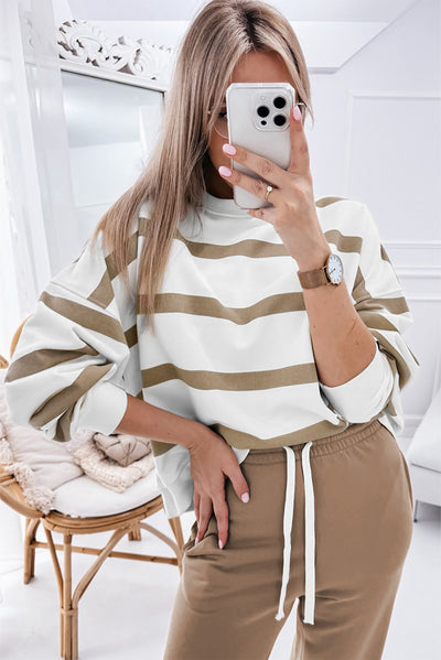 Light French Beige Striped Drop Shoulder Pullover and Jogger Pants Set-Two Piece Sets/Pant Sets-MomFashion