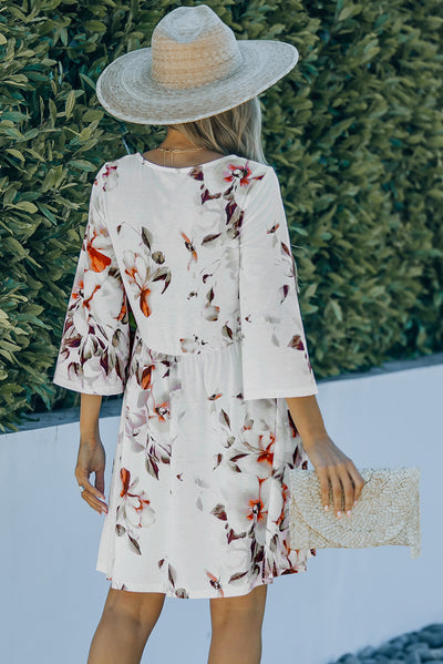 White V Neck 3/4 Sleeve Floral Dress-Dresses-MomFashion