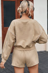 Khaki Piping Trim Long Sleeve Terry Shorts Set-Loungewear-MomFashion