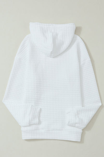 White Quilted Kangaroo Pocket Drawstring Hoodie-Tops-MomFashion