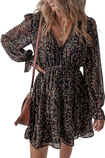 Black Floral Print V Neck Ruffled Puff Sleeve Mini Dress-Dresses-MomFashion