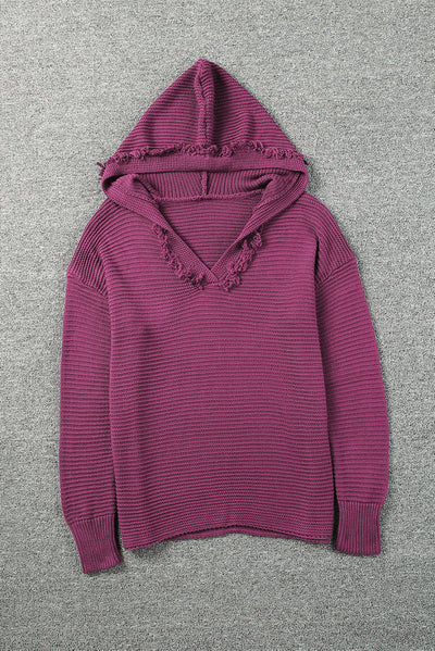 V Neck Ribbed Drop Shoulder Hooded Sweater-Tops-MomFashion