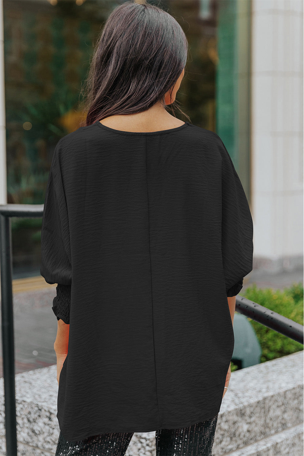Black Smocked Wrist Shift Top-Tops-MomFashion